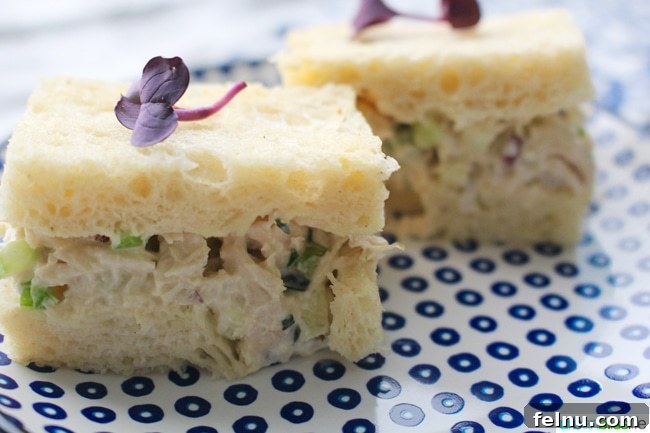 Dainty Chicken Salad Tea Bites 8 Classic Chicken Salad Sandwiches arranged beautifully on a plate