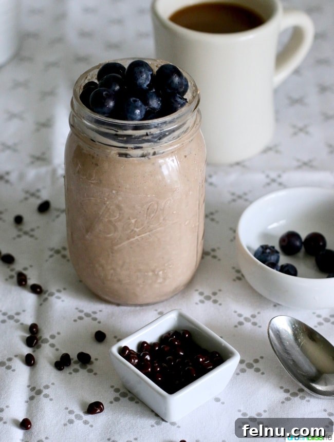Close-up of Chocolate Peanut Butter Overnight Oats with spoon, ready to eat