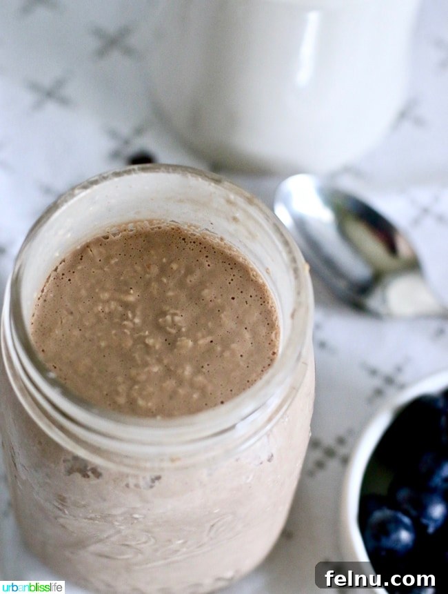 Close-up of Chocolate Peanut Butter Overnight Oats showing texture