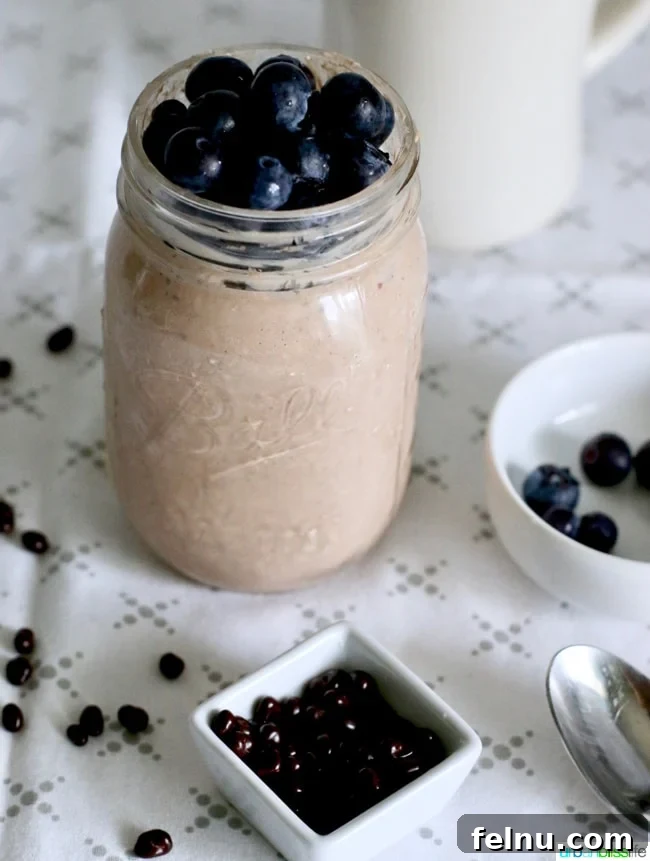 Chocolate Peanut Butter Overnight Oats with fresh blueberries on top