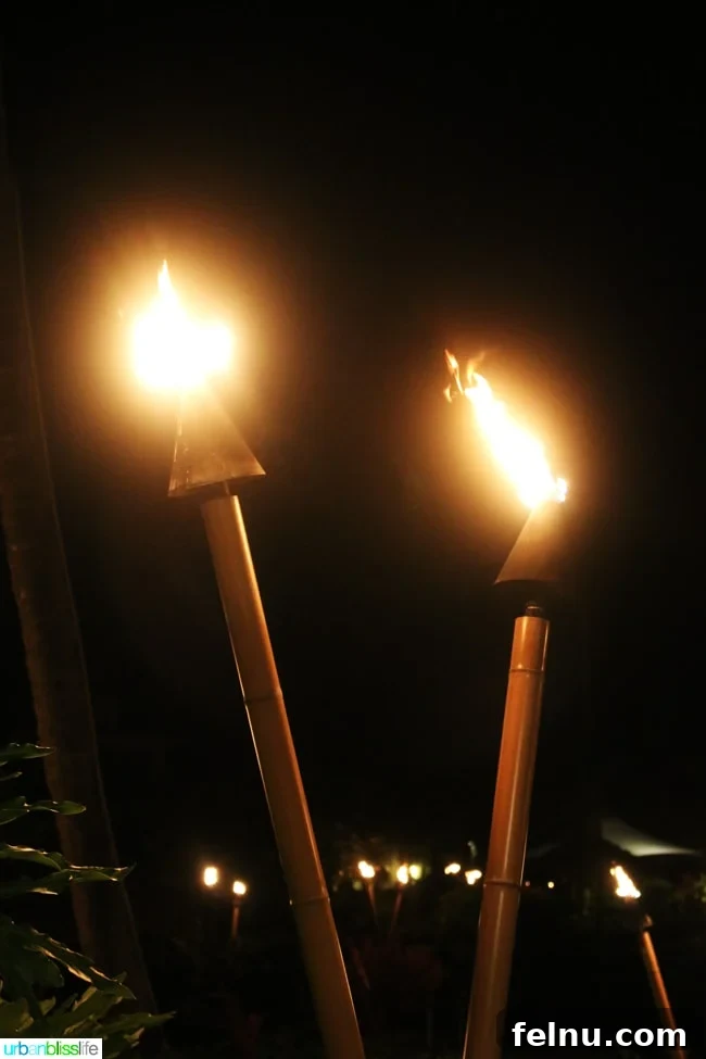 Where to Stay in Kauai: A Luxurious Escape at The Westin Princeville 6 Tiki Torches Lit Up at Night at The Westin Princeville