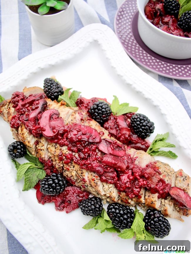 Blackberry Glazed Pork Tenderloin 11 Pork Tenderloin with Blackberry Bacon Sauce recipe on UrbanBlissLife.com