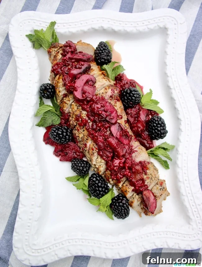 Blackberry Glazed Pork Tenderloin 5 Pork Tenderloin with Blackberry Bacon Sauce recipe on UrbanBlissLife.com