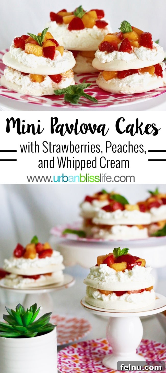 Mini Pavlovas with Summer Fruits and Whipped Cream 2 Pavlova Mini Cakes with Strawberries, Peaches, and Cream
