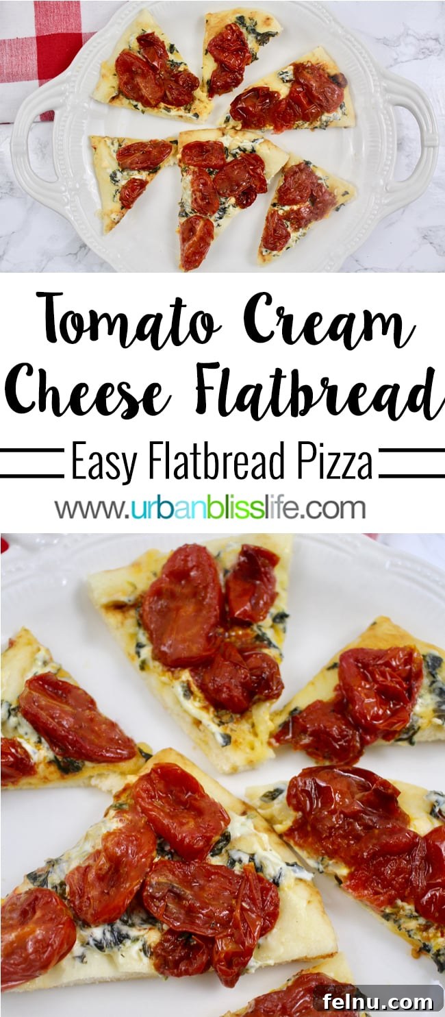 Creamy Tomato Flatbread Pizza Delight 2 Delicious Tomato Cream Cheese Flatbread Pizza, perfect for a quick and easy snack or meal.