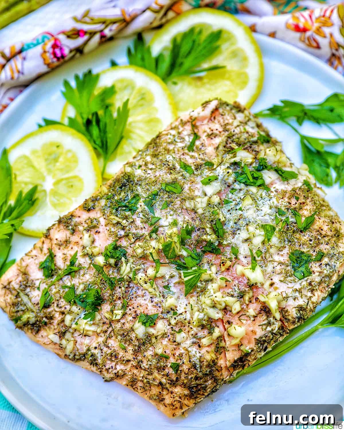 Sip, Sizzle, Savor: Wines That Perfect Your BBQ 13 Perfectly grilled salmon, adorned with fresh lemon, fragrant garlic, and a medley of herbs, elegantly presented with lemon slices on a pristine white plate.