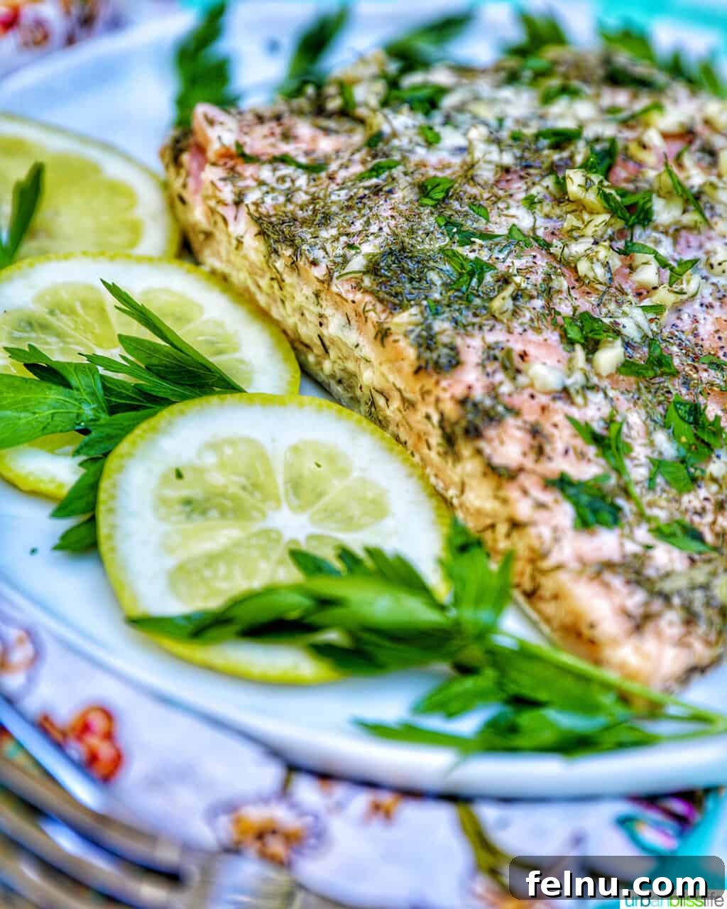 Zesty Lemon Herb Salmon Delight 11 Side of grilled salmon with herbs and lemon slices.
