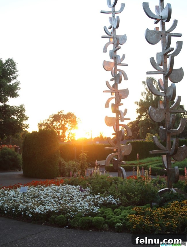Silverton's Botanical Gem: The Oregon Garden 20 A unique sculpture reflecting the sunset in the Bosque at The Oregon Garden, enhancing the serene atmosphere.