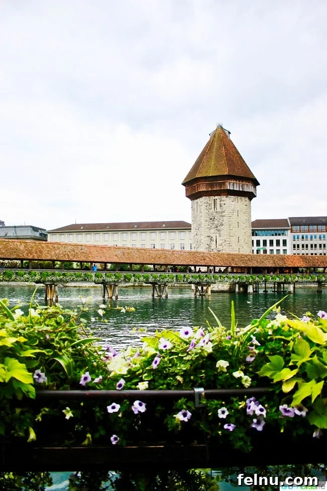 Lucerne Family Fun: Top Activities with Kids 3 The Chapel Bridge (Kapellbrücke) in Lucerne, Switzerland, adorned with vibrant flower boxes, a symbol of the city's rich history and beauty.