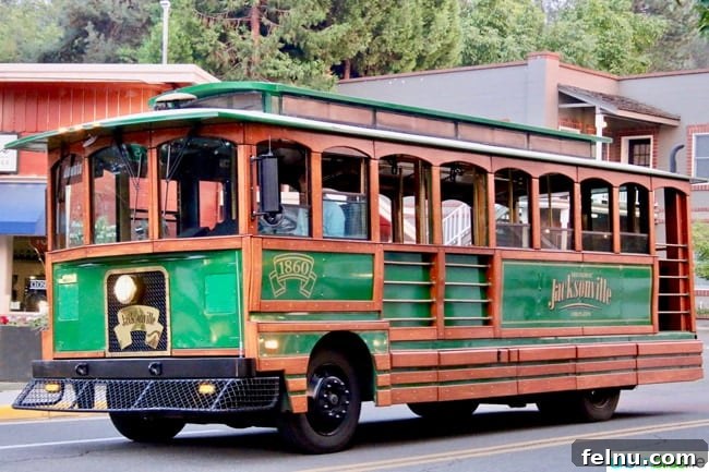 Jacksonville Oregon Food Lodging and Entertainment 2 Trolley in Jacksonville, Oregon, showcasing the historic charm of the town, a quintessential sight for visitors.