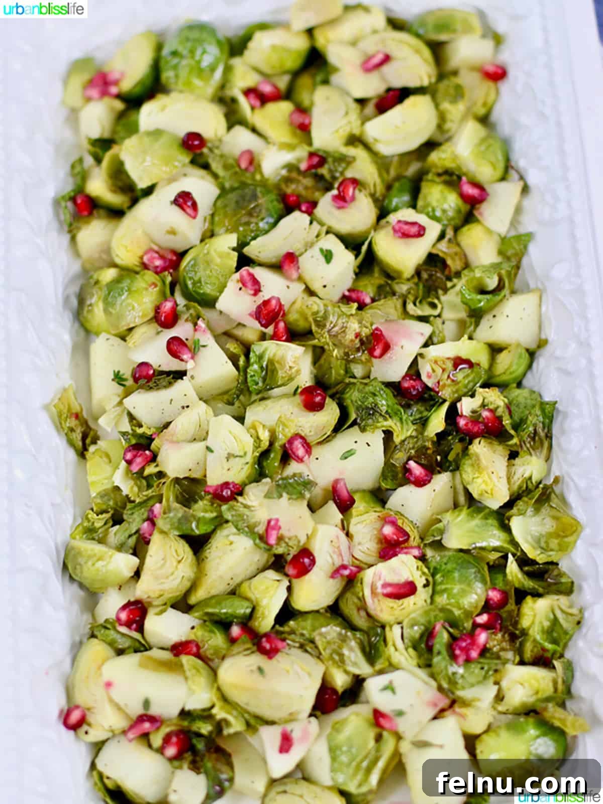 Serving platter with roasted brussels sprouts, apples, and pomegranate