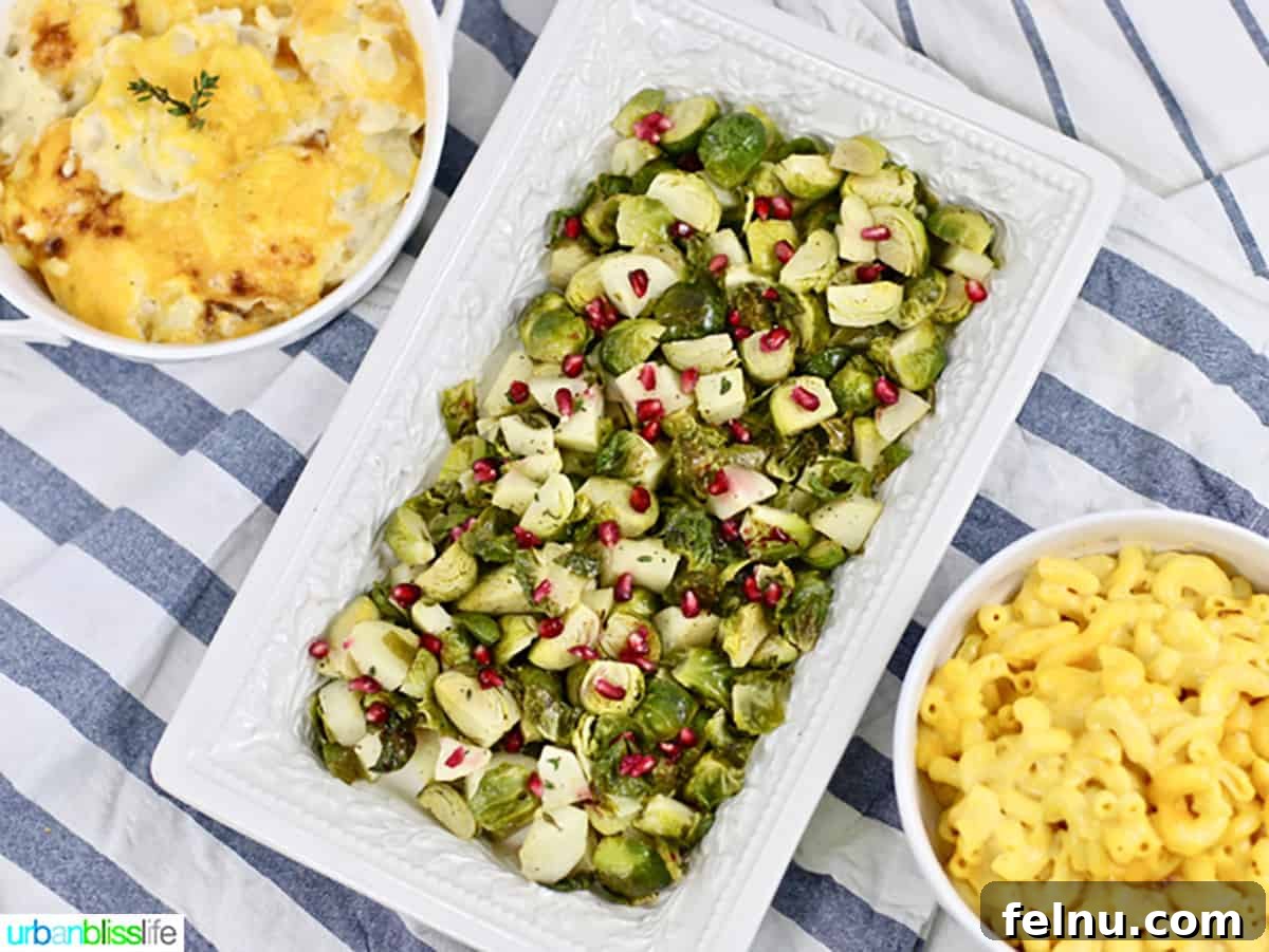Roasted Brussels sprouts and apples served with mac and cheese