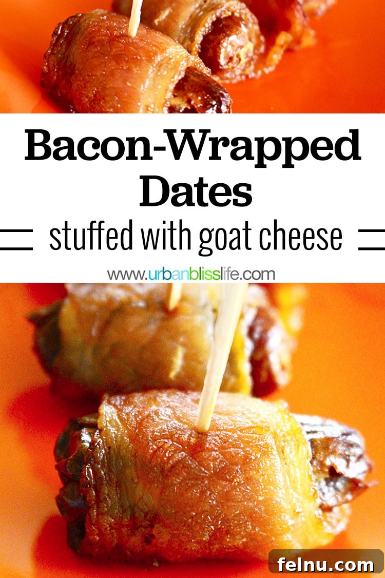 Smoky Bacon-Wrapped Dates with Creamy Goat Cheese 6 Bacon-wrapped dates with goat cheese, an eye-catching image for Pinterest.