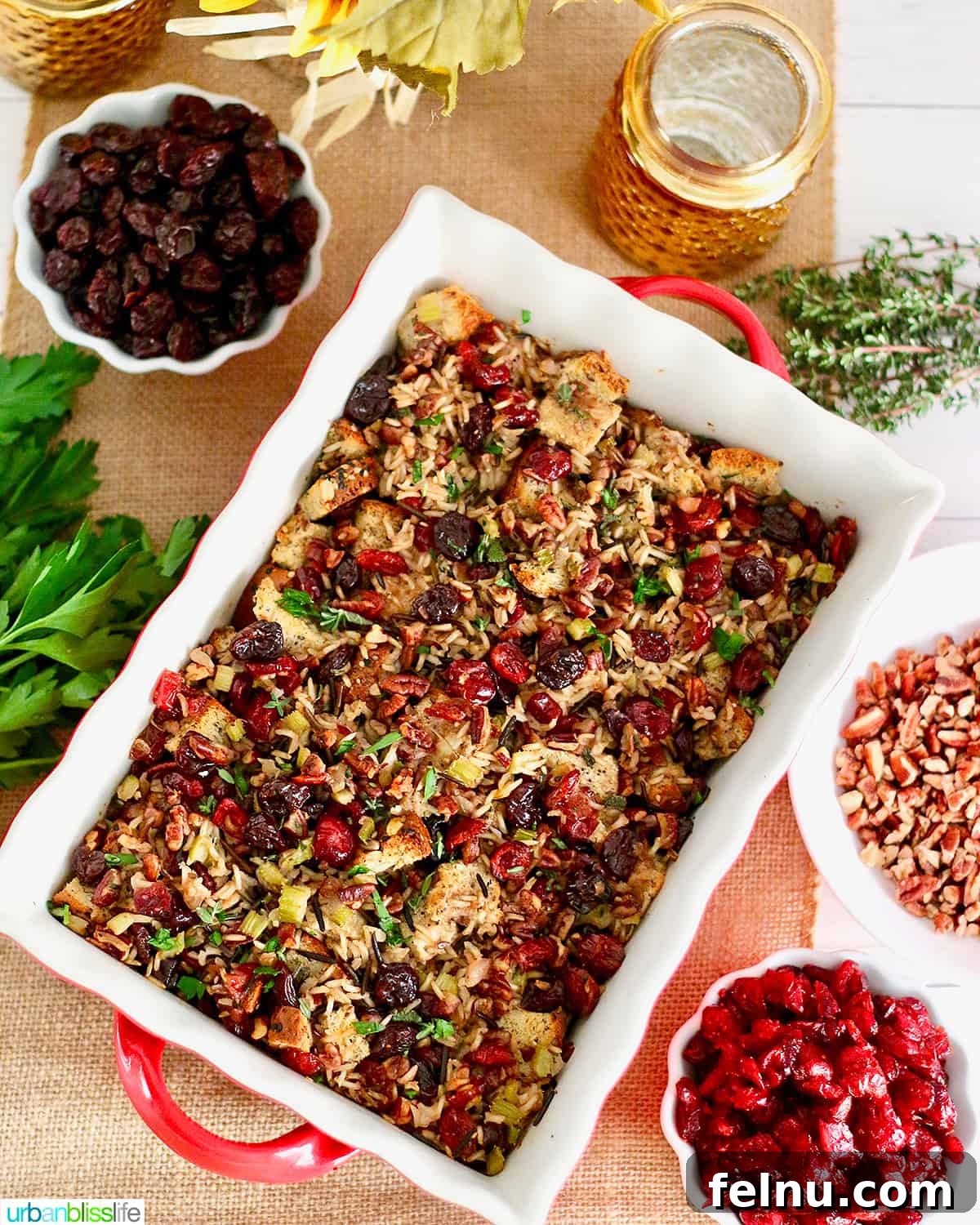 A Festive Harvest Stuffing 2 Cranberry stuffing with wild rice and cherries in a casserole dish