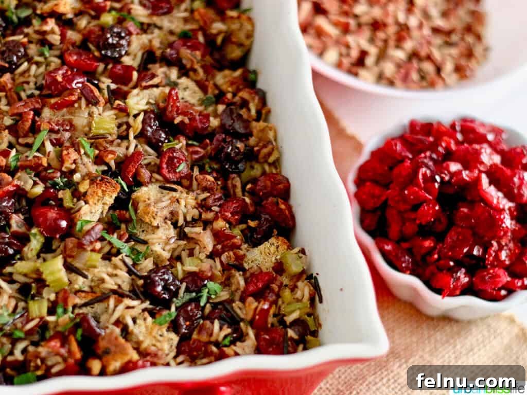 A Festive Harvest Stuffing 7 Cranberry stuffing with wild rice and cherries in a casserole dish