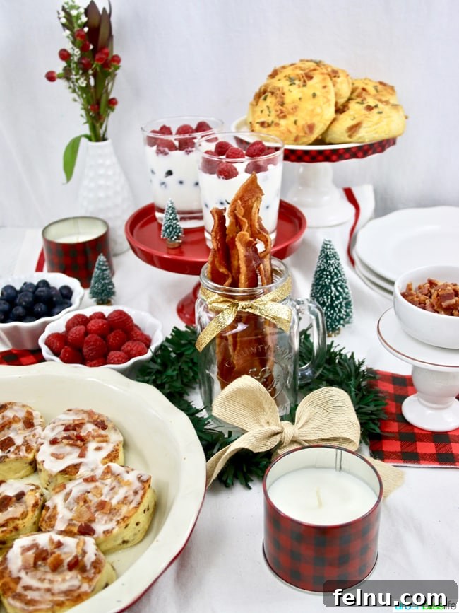 Sizzling Bacon Bars for Brunch Bliss 2 Festive holiday breakfast bar featuring crispy bacon strips and warm cinnamon rolls