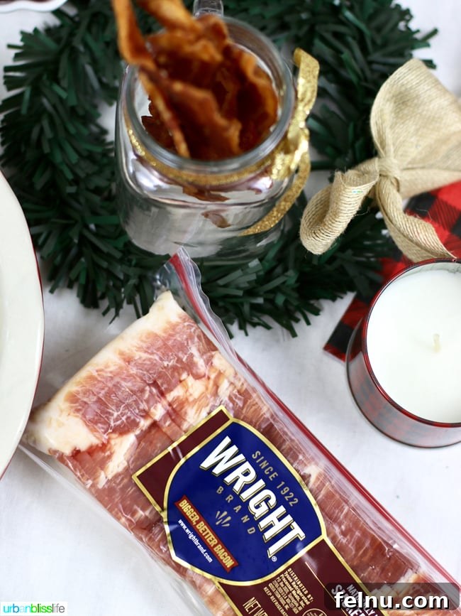 Sizzling Bacon Bars for Brunch Bliss 9 Holiday breakfast bar showcasing a package of Wright Brand Bacon and perfectly cooked strips