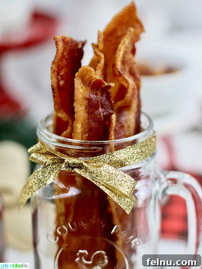 Sizzling Bacon Bars for Brunch Bliss 13 Close-up of perfectly cooked bacon strips presented in a rustic mason jar for a brunch bar