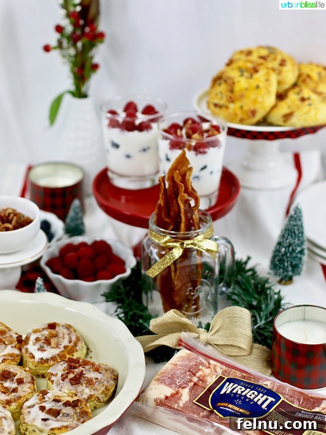 Sizzling Bacon Bars for Brunch Bliss 5 Elegant holiday breakfast bar setup featuring bacon, cinnamon rolls, and fresh berries