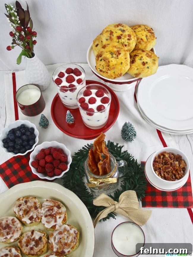 Sizzling Bacon Bars for Brunch Bliss 7 Flat lay view of a diverse Brunch Bacon Bar spread with various dishes