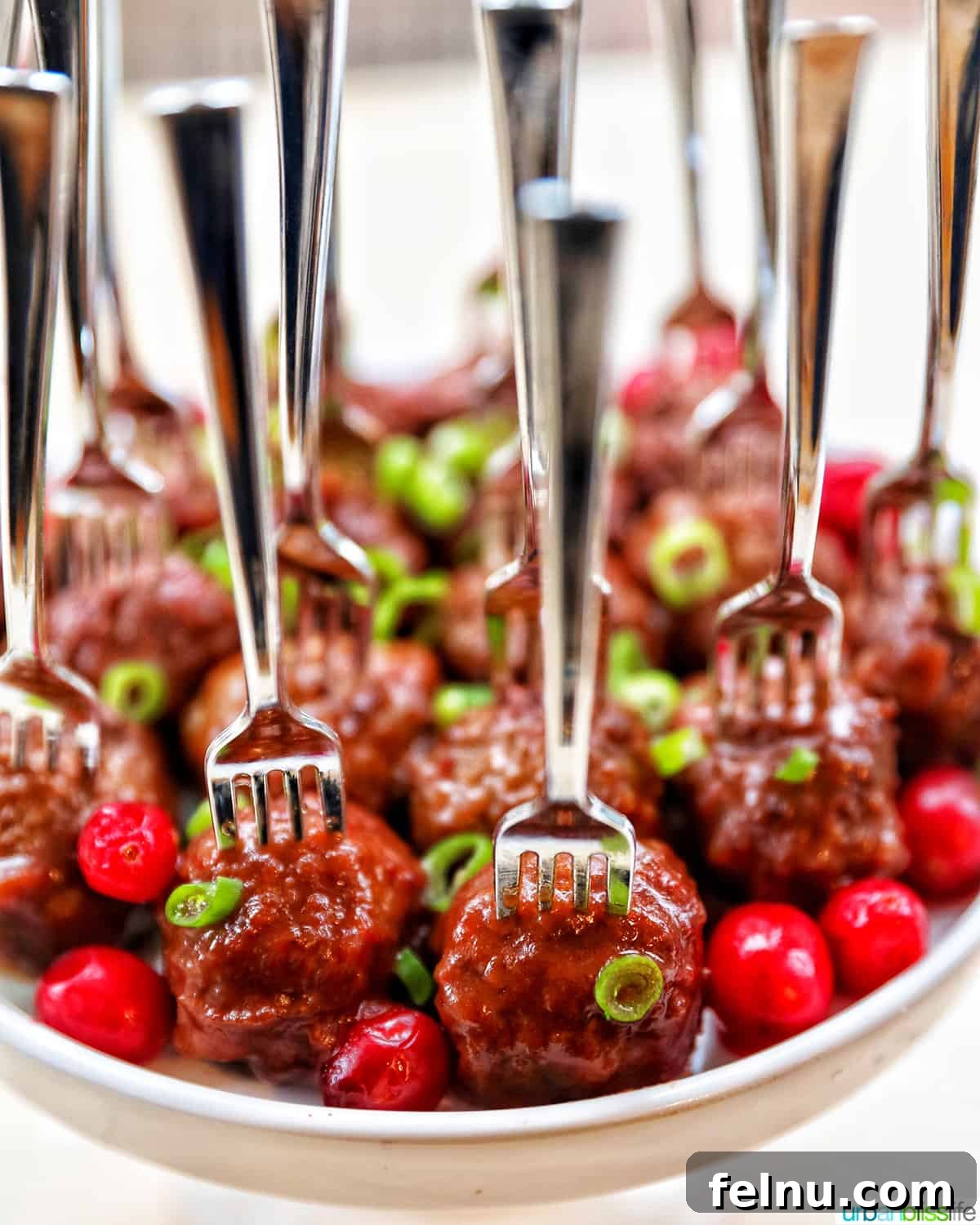 Sweet and Tangy Cranberry Glazed Meatballs 4 cranberry meatball party appetizers plated with toothpicks