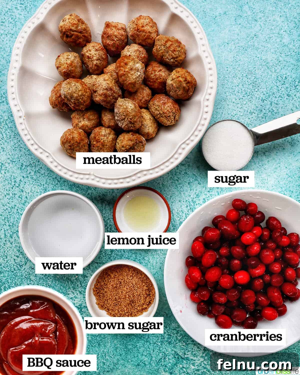 Sweet and Tangy Cranberry Glazed Meatballs 5 ingredients to make the cranberry meatballs recipe including cranberries, sugar, lemon juice, barbecue sauce, and frozen meatballs