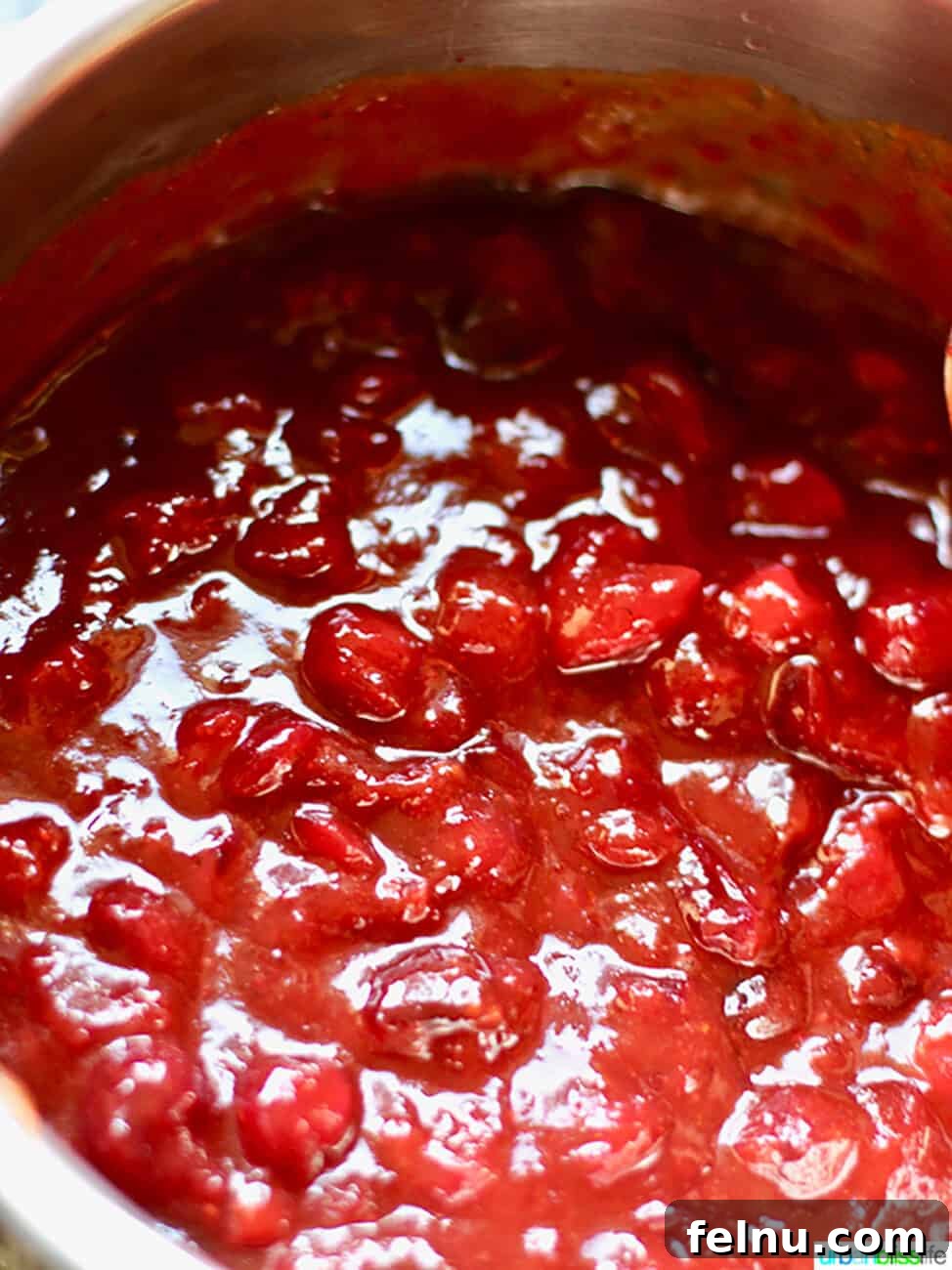 Sweet and Tangy Cranberry Glazed Meatballs 7 homemade cranberry sauce simmering in a pot