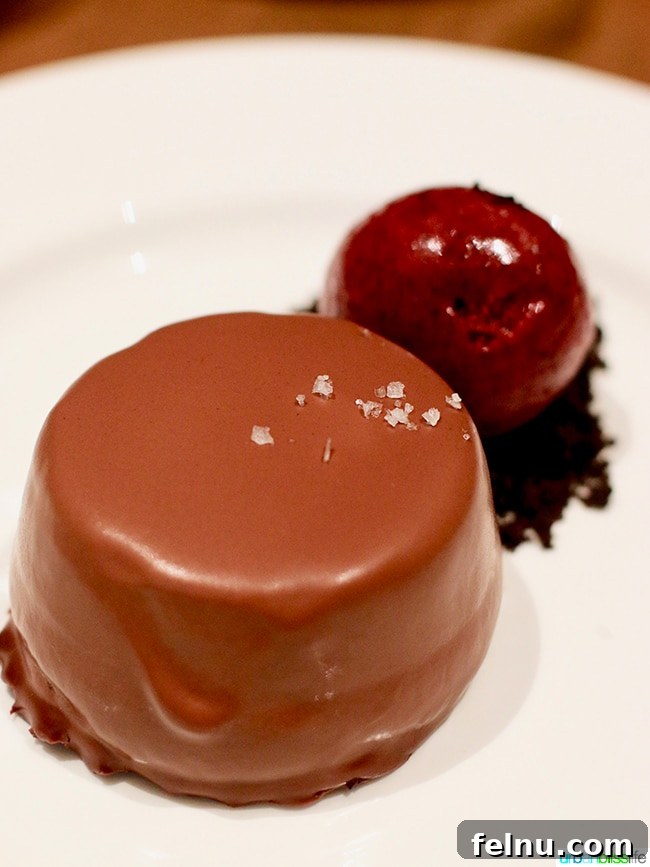 Tanner Creek Tavern: Pearl District Urban Hearth 14 Chocolate Peanut Butter Mousse Cake with Blackberry Sorbet at Tanner Creek Tavern, a gourmet dessert in Portland.