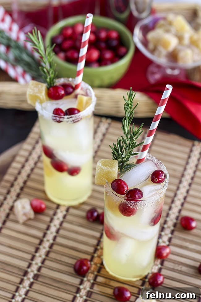 Festive Winter Sips: 20 Cocktail Recipes for Your Holiday Gathering 4 Festive Cranberry Ginger Margaritas garnished with lime and cranberries.