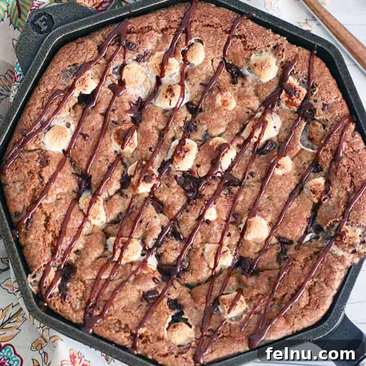 Chocolate Hazelnut Drizzled Smores Cookie Pie 11 S'mores skillet cookie with chocolate drizzle, ready to serve.