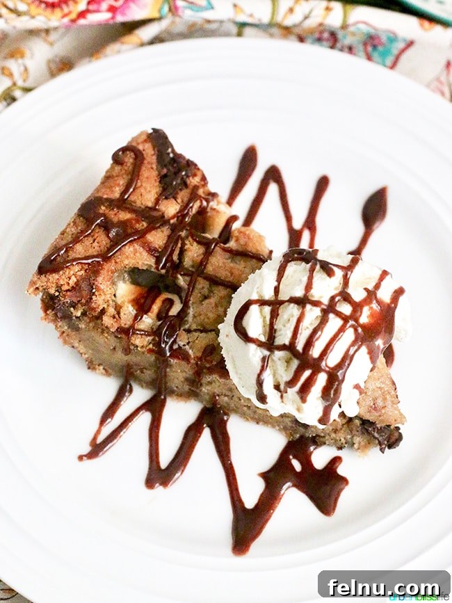 Chocolate Hazelnut Drizzled Smores Cookie Pie 13 S'mores Skillet Cookie recipe, a delectable slice with ice cream, ideal for sharing