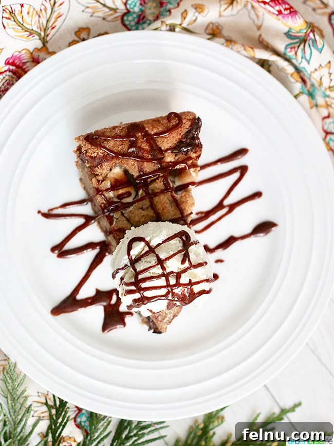 Chocolate Hazelnut Drizzled Smores Cookie Pie 7 Top-down view of a S'mores Skillet Cookie with melting ice cream on UrbanBlissLife.com