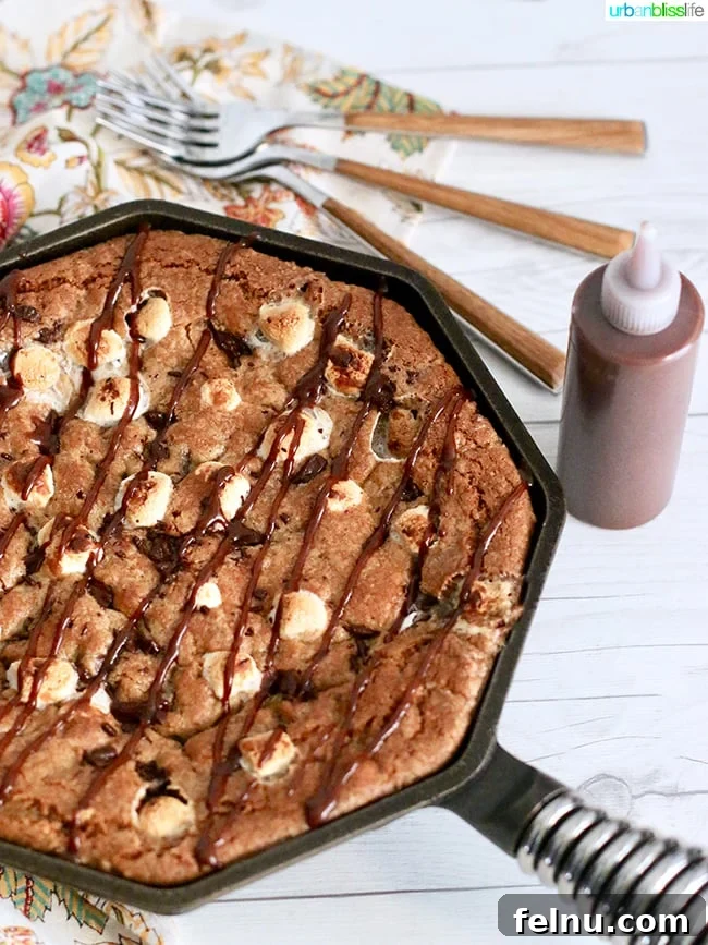 Chocolate Hazelnut Drizzled Smores Cookie Pie 9 S'mores Skillet Pie with artfully drizzled chocolate hazelnut spread