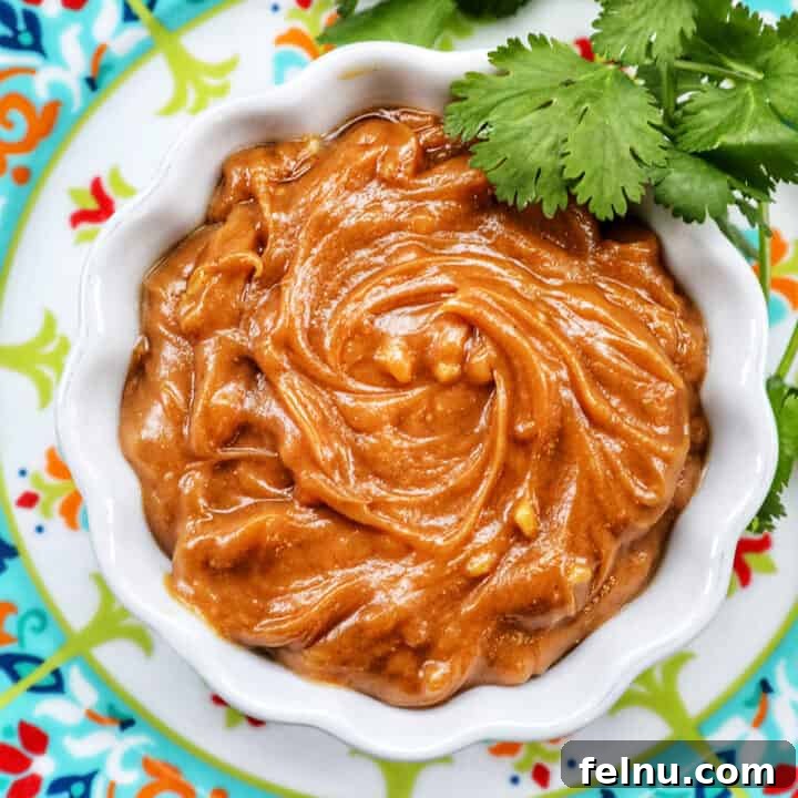Thai peanut sauce in a white bowl with fresh cilantro leaves on a colorful patterned plate.