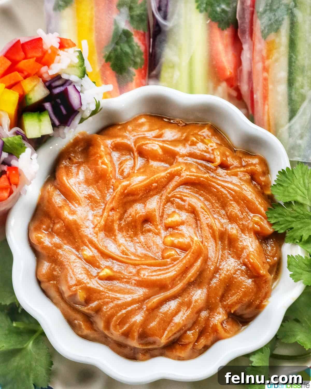 Effortless Homemade Thai Peanut Sauce 3 Thai peanut sauce in a white bowl with rainbow spring rolls on the side and cilantro leaves.