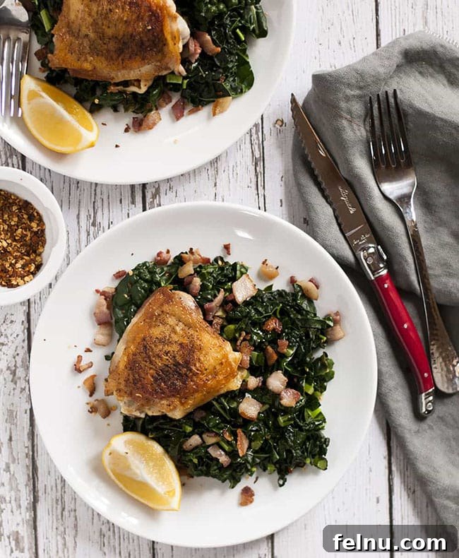 30 Must-Try Whole30 Recipes 11 Crispy Chicken Thighs with Garlicky Kale and Bacon