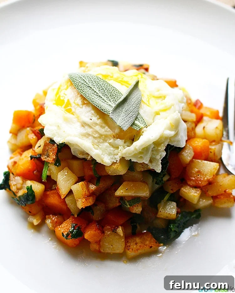 30 Must-Try Whole30 Recipes 4 Butternut Squash Hash topped with sage and egg, close up
