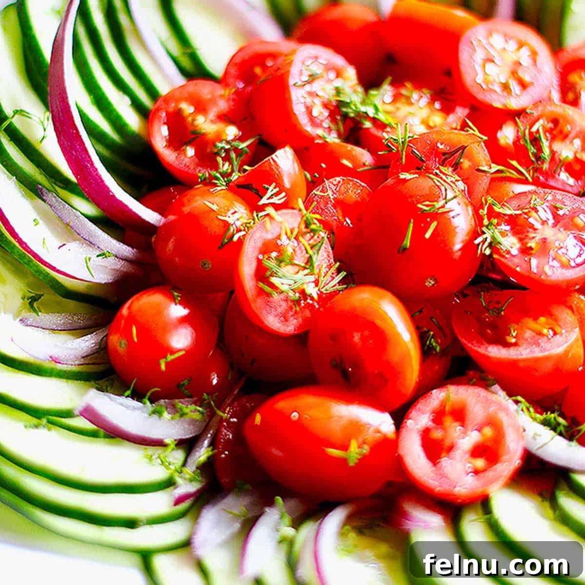 Mediterranean Cucumber and Tomato Medley 3 Close-up of cucumber tomato salad with red onions