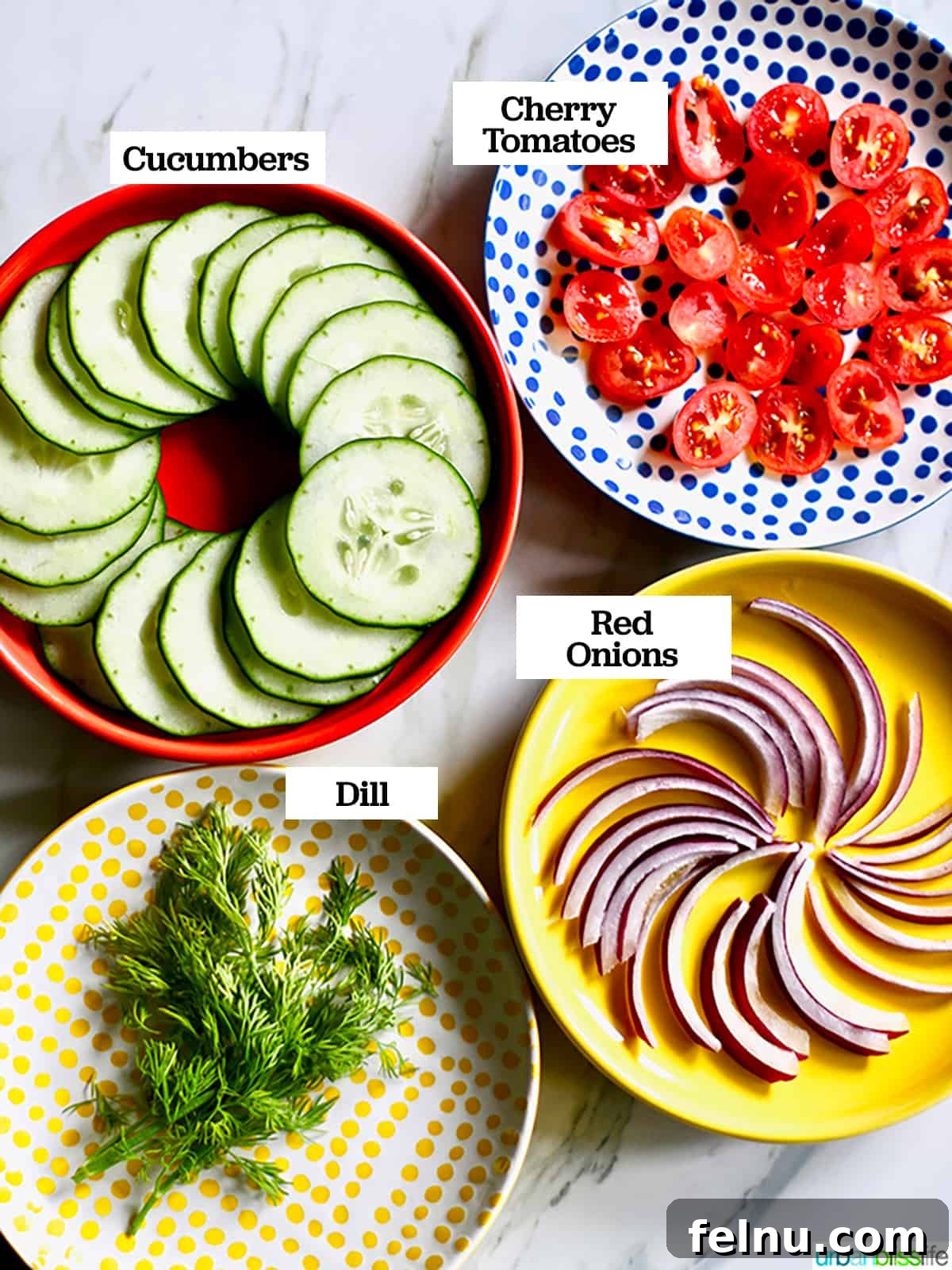 Mediterranean Cucumber and Tomato Medley 4 Fresh ingredients: cucumbers, cherry tomatoes, and red onions