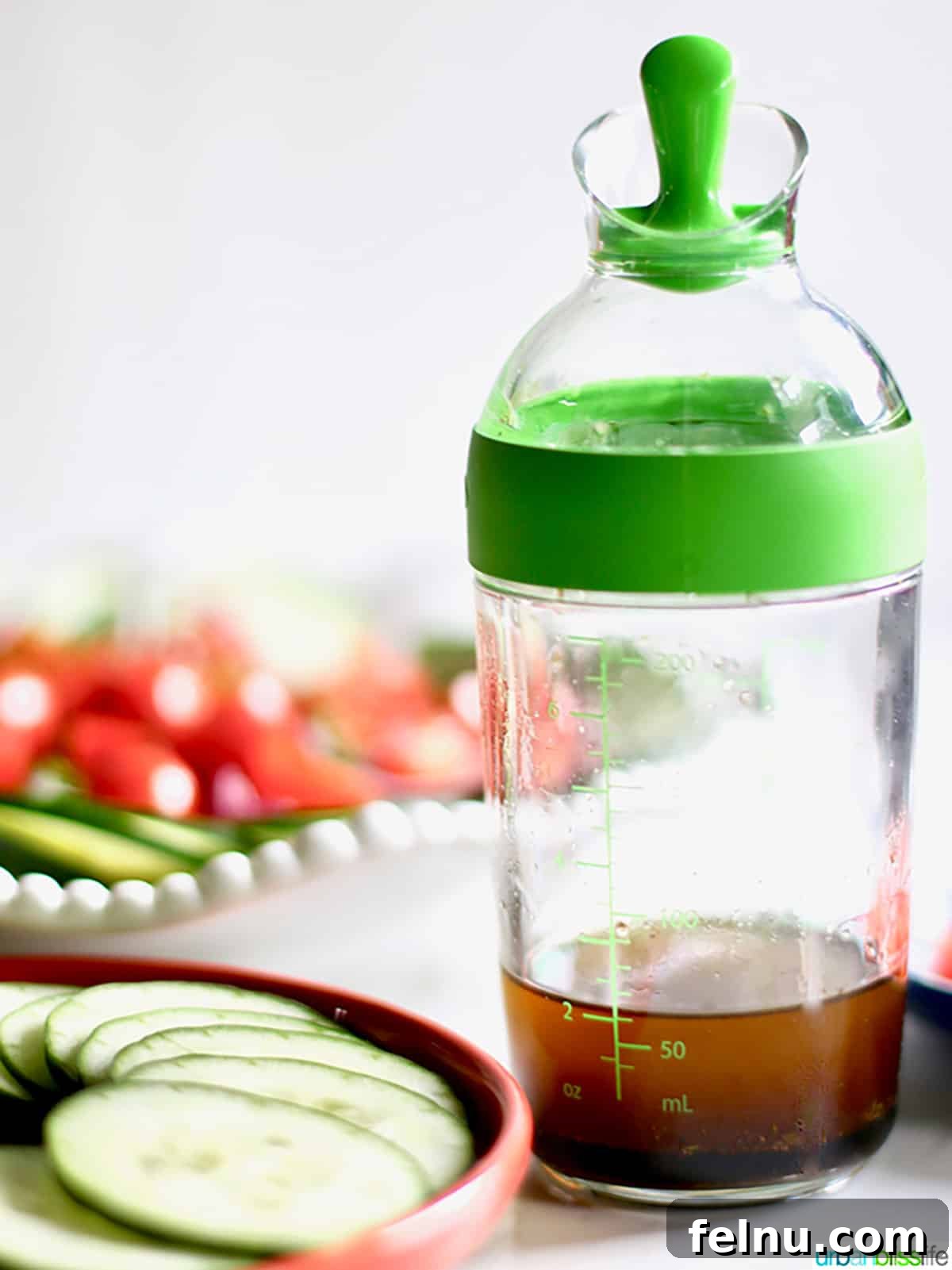 Mediterranean Cucumber and Tomato Medley 9 Balsamic vinaigrette salad dressing in a bottle
