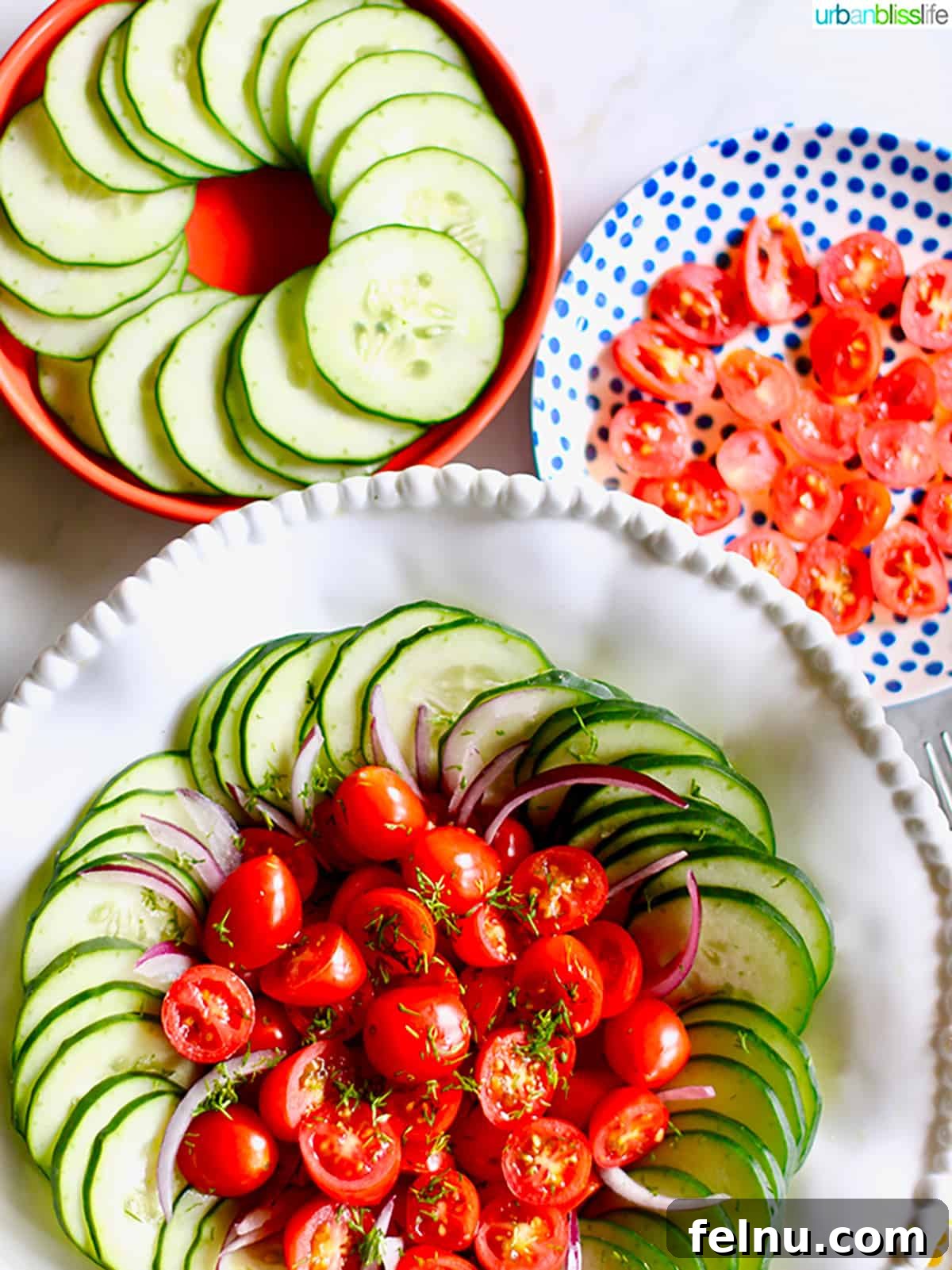 Mediterranean Cucumber and Tomato Medley 10 Mediterranean cucumber tomato salad with red onions in a bowl
