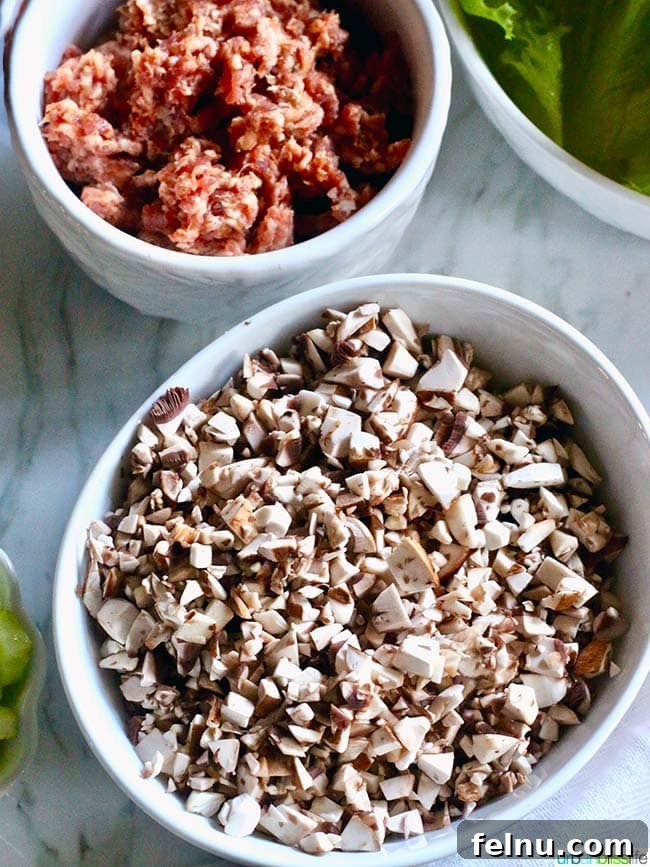 Teriyaki Mushroom Sausage Low Carb Lettuce Wraps Umami Mushroom Sausage Lettuce Bites 5 Close-up of Mushrooms in Low Carb Lettuce Wraps