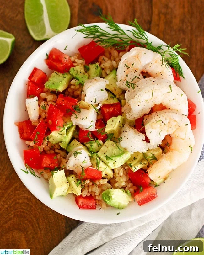 Freshly prepared Gluten-free dairy-free Shrimp Avocado Brown Rice Bowl