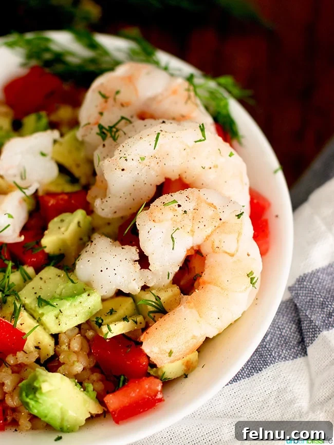 shrimp avocado brown rice bowl shrimp close up