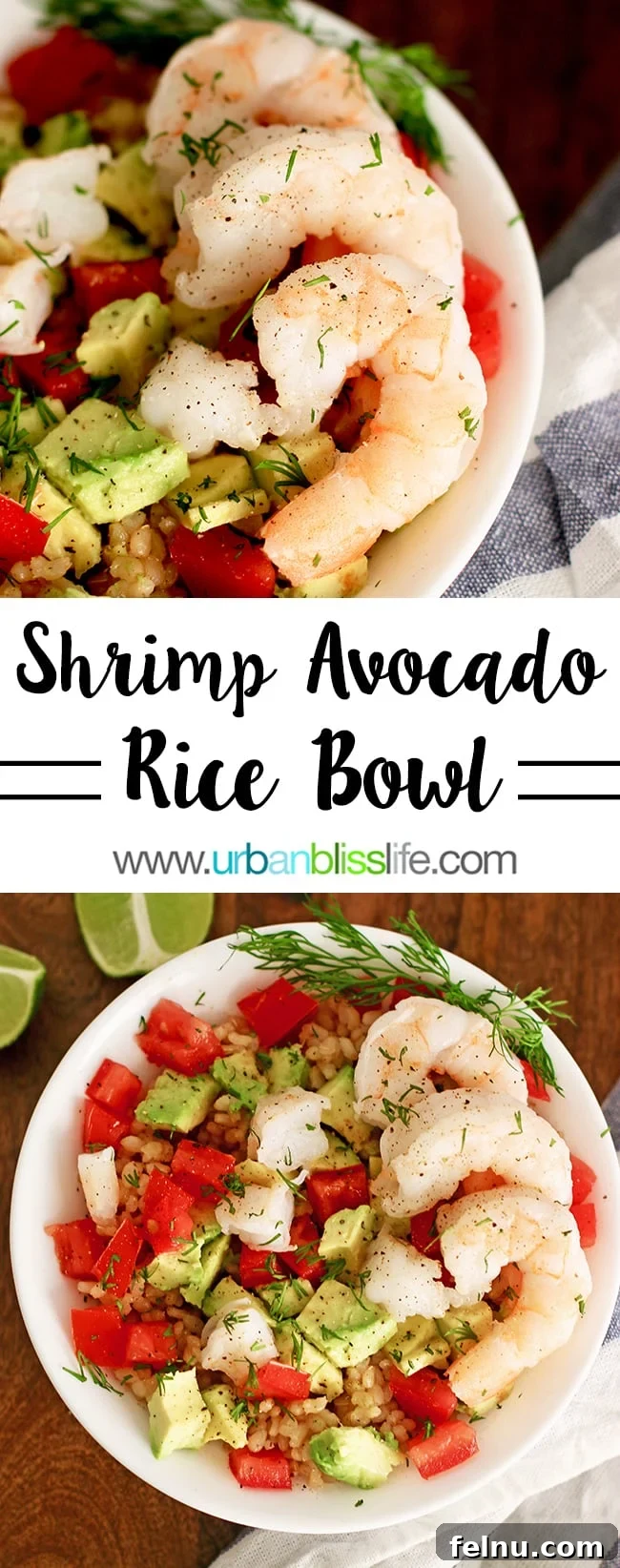 Gluten-free dairy-free Shrimp Avocado Brown Rice Bowl, a healthy recipe featured on UrbanBlissLife.com