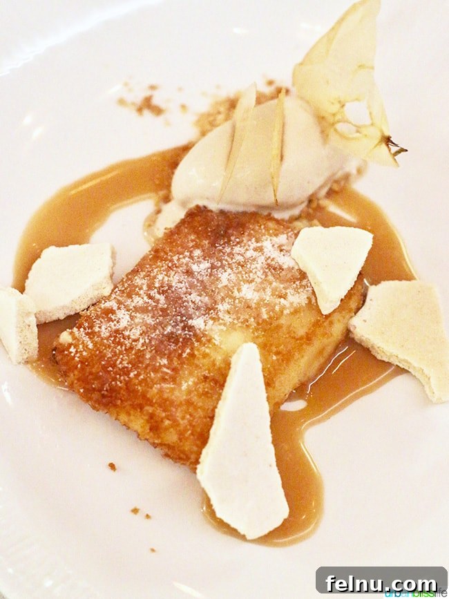 Delectable Leche Frida dessert with Dulce de Leche caramel, coffee mascarpone ice cream, and pear.
