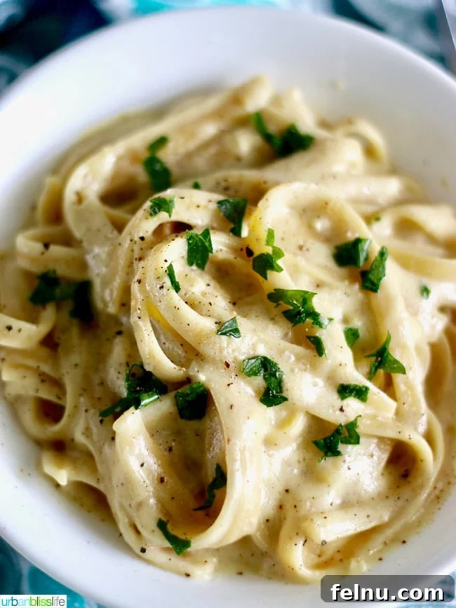 Velvet-Smooth Vegan Fettuccine Alfredo 2 Creamy Dairy-Free Vegan Alfredo Sauce with Fettuccine overhead, garnished with fresh parsley