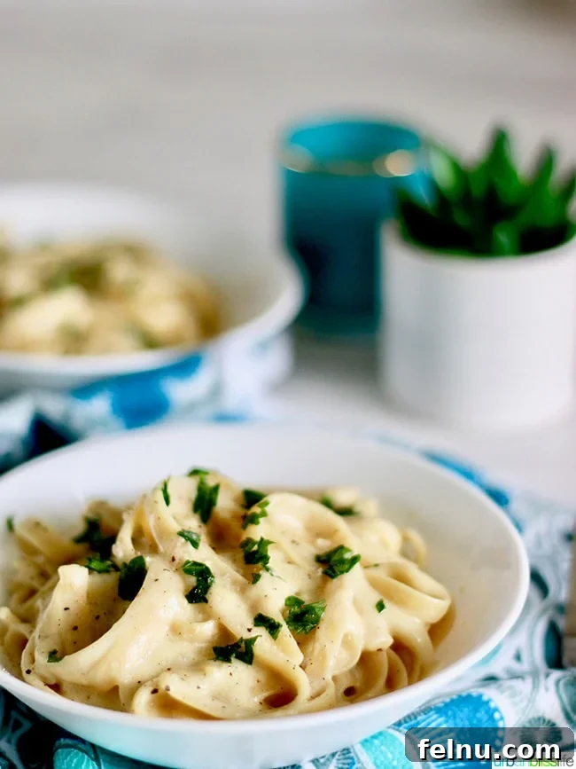 Velvet-Smooth Vegan Fettuccine Alfredo 7 Bowl of dairy free vegan alfredo sauce with fettucini garnished with parsley