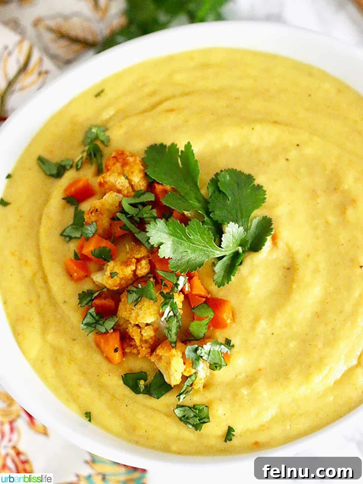 Golden Carrot Cauliflower Puree 2 A beautifully presented white bowl brimming with creamy Cauliflower Carrot Soup, garnished with fresh chopped cauliflower, vibrant carrot pieces, and fragrant parsley. The textures and colors invite you to take a spoonful.