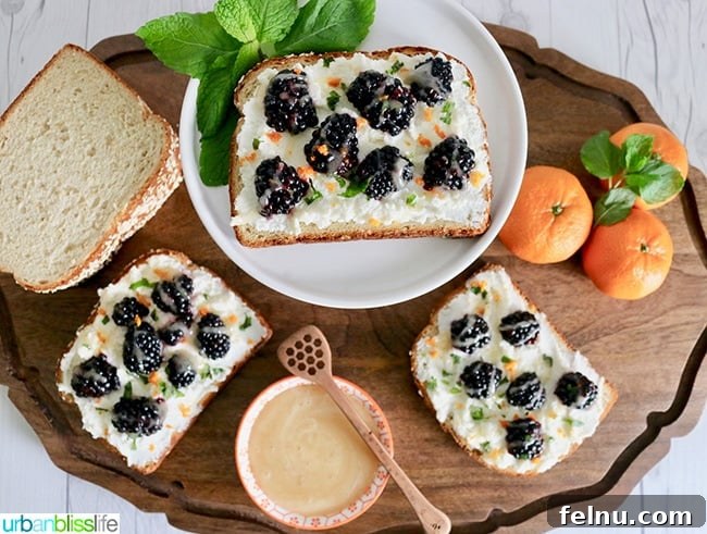Ricotta Toast with Blackberry Citrus Zest 2 Delicious Blackberry Ricotta Citrus Toast with Honey and Mint